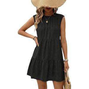image:imageAcelitt Womens Summer Dresses 2026 Beach Casual Crew Neck Loose Sundress Cap Sleeve Babydoll Mini DressBlack