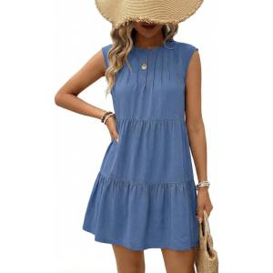image:imageAcelitt Womens Summer Dresses 2026 Beach Casual Crew Neck Loose Sundress Cap Sleeve Babydoll Mini DressSail Blue