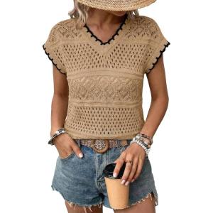 image:imageAcelitt Spring Summer Hollow Out Crochet Sweater Vest Sleeveless Cover Ups Beach Vacation Resort Cruise Outfits 2026Khaki