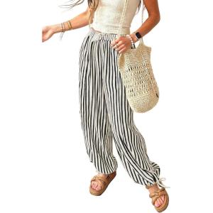 image:imageAcelitt Women Drawstring Elastic Waist Striped Pants with Pockets SXXLBlack