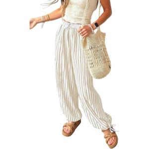 image:imageAcelitt Women Drawstring Elastic Waist Striped Pants with Pockets SXXLKhaki