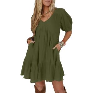image:imageAcelitt Womens Summer Dresses 2025 Beach Casual Deep V Neck Loose Sundress Short Sleeve Mini DressYmost Green