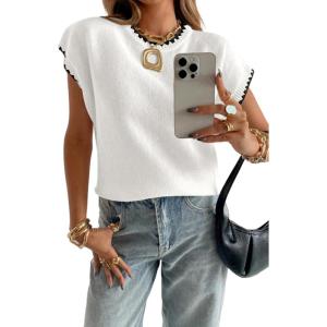 image:imageAcelitt Womens Sweater Vest Crew Neck Cap Short Sleeve Casual Loose Fit Knit Pullover Tops Oversized Sleeveless Tank Top02 White