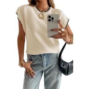 image:imageAcelitt Womens Sweater Vest Crew Neck Cap Short Sleeve Casual Loose Fit Knit Pullover Tops Oversized Sleeveless Tank TopBeige
