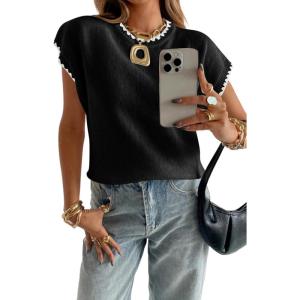 image:imageAcelitt Womens Sweater Vest Crew Neck Cap Short Sleeve Casual Loose Fit Knit Pullover Tops Oversized Sleeveless Tank TopBlack