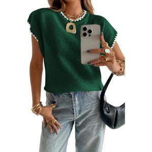 image:imageAcelitt Womens Sweater Vest Crew Neck Cap Short Sleeve Casual Loose Fit Knit Pullover Tops Oversized Sleeveless Tank TopBlackish Green