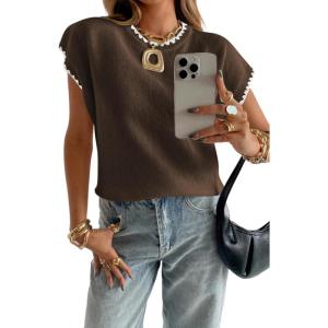 image:imageAcelitt Womens Sweater Vest Crew Neck Cap Short Sleeve Casual Loose Fit Knit Pullover Tops Oversized Sleeveless Tank TopChicory Coffee