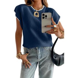 image:imageAcelitt Womens Sweater Vest Crew Neck Cap Short Sleeve Casual Loose Fit Knit Pullover Tops Oversized Sleeveless Tank TopNavy Blue