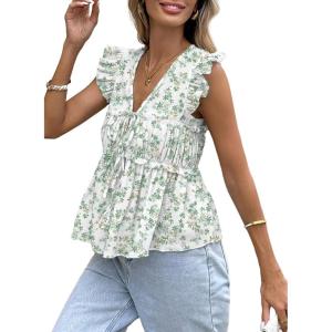 image:imageAcelitt Womens V Neck Ruffle Cap Sleeve Tie Front TopsSXXLGreen