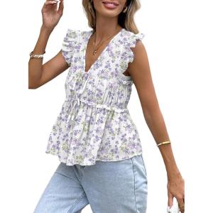 image:imageAcelitt Womens V Neck Ruffle Cap Sleeve Tie Front TopsSXXLPurple