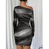 image:imageAcelitt Off The Shoulder Dress for Women 2026 Tie Dye Mesh Long Sleeve Ruched Bodycon Cocktail Party Mini DressesBlack