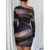 image:imageAcelitt Off The Shoulder Dress for Women 2026 Tie Dye Mesh Long Sleeve Ruched Bodycon Cocktail Party Mini DressesBlue