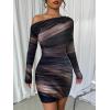 image:imageAcelitt Off The Shoulder Dress for Women 2026 Tie Dye Mesh Long Sleeve Ruched Bodycon Cocktail Party Mini DressesBlue