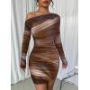 image:imageAcelitt Off The Shoulder Dress for Women 2026 Tie Dye Mesh Long Sleeve Ruched Bodycon Cocktail Party Mini DressesBrown