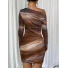image:imageAcelitt Off The Shoulder Dress for Women 2026 Tie Dye Mesh Long Sleeve Ruched Bodycon Cocktail Party Mini DressesBrown