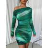 image:imageAcelitt Off The Shoulder Dress for Women 2026 Tie Dye Mesh Long Sleeve Ruched Bodycon Cocktail Party Mini DressesGreen