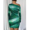 image:imageAcelitt Off The Shoulder Dress for Women 2026 Tie Dye Mesh Long Sleeve Ruched Bodycon Cocktail Party Mini DressesGreen