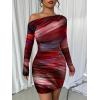 image:imageAcelitt Off The Shoulder Dress for Women 2026 Tie Dye Mesh Long Sleeve Ruched Bodycon Cocktail Party Mini DressesRed
