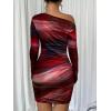 image:imageAcelitt Off The Shoulder Dress for Women 2026 Tie Dye Mesh Long Sleeve Ruched Bodycon Cocktail Party Mini DressesRed