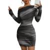 image:imageAcelitt Off The Shoulder Dress for Women 2026 Tie Dye Mesh Long Sleeve Ruched Bodycon Cocktail Party Mini DressesBlack