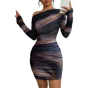 image:imageAcelitt Off The Shoulder Dress for Women 2026 Tie Dye Mesh Long Sleeve Ruched Bodycon Cocktail Party Mini DressesBlue