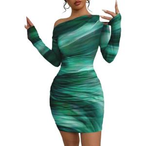 image:imageAcelitt Off The Shoulder Dress for Women 2026 Tie Dye Mesh Long Sleeve Ruched Bodycon Cocktail Party Mini DressesGreen