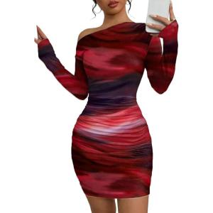 image:imageAcelitt Off The Shoulder Dress for Women 2026 Tie Dye Mesh Long Sleeve Ruched Bodycon Cocktail Party Mini DressesRed