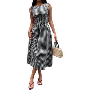image:imageAcelitt Summer Maxi Dresses for Women 2026 Smocked Waist Gingham Dress Flowy A Line Beach Long Sundresses with PocketsBlack