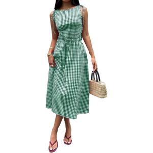 image:imageAcelitt Summer Maxi Dresses for Women 2026 Smocked Waist Gingham Dress Flowy A Line Beach Long Sundresses with PocketsDark Green