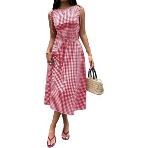 image:imageAcelitt Summer Maxi Dresses for Women 2026 Smocked Waist Gingham Dress Flowy A Line Beach Long Sundresses with PocketsRacing Red