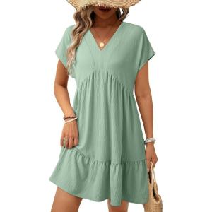 image:imageAcelitt Womens Summer Dresses 2026 Beach Casual Deep V Neck Loose Sundress Short Sleeve Mini Dress with PocketsSize DownGreen