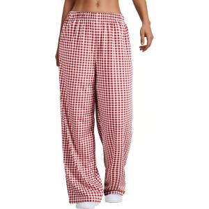 image:imageAcelitt Womens Summer Plaid Palazzo Pants Flowy Wide Leg Pants Trousers with Pockets Beach Vacation Clothes Red Medium