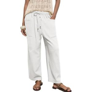 image:imageAcelitt Womens Linen Pants Drawstring Elastic Waist Casual Wide Leg Pants Beach Trousers with Pockets01white