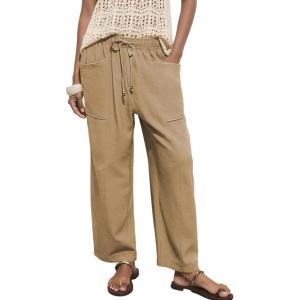 image:imageAcelitt Womens Linen Pants Drawstring Elastic Waist Casual Wide Leg Pants Beach Trousers with PocketsPale Khaki