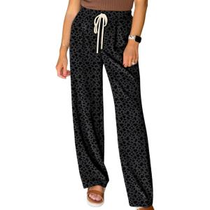 image:imageAcelitt Womens Leopard Pants Elastic Waist Casual Loose Wide Leg Lounge Pants with PocketsBlack