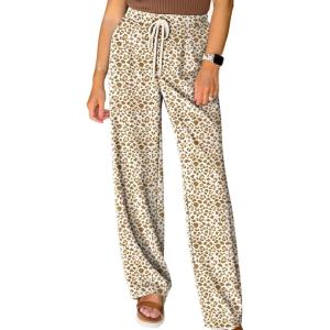 image:imageAcelitt Womens Leopard Pants Elastic Waist Casual Loose Wide Leg Lounge Pants with PocketsChestnut