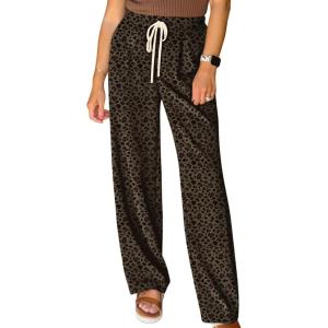 image:imageAcelitt Womens Leopard Pants Elastic Waist Casual Loose Wide Leg Lounge Pants with PocketsChicory Coffee