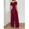image:imageAcelitt One Piece Jumpsuits for Women Dressy Casual Short Sleeve Squared Neck Wide Leg Pants Rompers Jumpers with PocketsRed