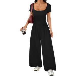 image:imageAcelitt One Piece Jumpsuits for Women Dressy Casual Short Sleeve Squared Neck Wide Leg Pants Rompers Jumpers with PocketsBlack