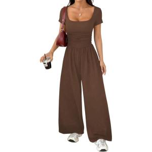 image:imageAcelitt One Piece Jumpsuits for Women Dressy Casual Short Sleeve Squared Neck Wide Leg Pants Rompers Jumpers with PocketsChicory Coffee