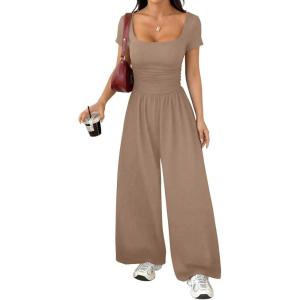 image:imageAcelitt One Piece Jumpsuits for Women Dressy Casual Short Sleeve Squared Neck Wide Leg Pants Rompers Jumpers with PocketsParchment