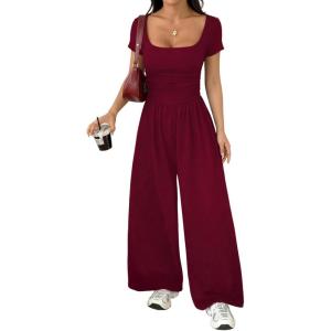 image:imageAcelitt One Piece Jumpsuits for Women Dressy Casual Short Sleeve Squared Neck Wide Leg Pants Rompers Jumpers with PocketsRed
