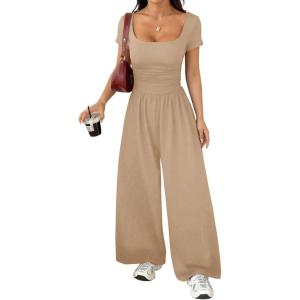 image:imageAcelitt One Piece Jumpsuits for Women Dressy Casual Short Sleeve Squared Neck Wide Leg Pants Rompers Jumpers with PocketsSmoke Gray