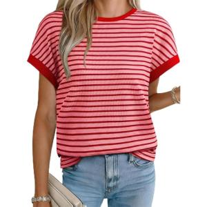 image:imageAcelitt Womens Short Sleeve Knit Tops 2025 Trendy Crewneck Striped T Shirts Casual Summer Blouses OutfitsRacing Red