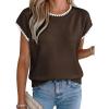 image:imageAcelitt Womens Contrast Ruffle Trim Knit Top Crew Neck Cap Sleeve Lightweight Sweater Vest Casual Loose Fit Pullover BlouseChicory Coffee