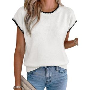 image:imageAcelitt Womens Contrast Ruffle Trim Knit Top Crew Neck Cap Sleeve Lightweight Sweater Vest Casual Loose Fit Pullover Blouse02 White