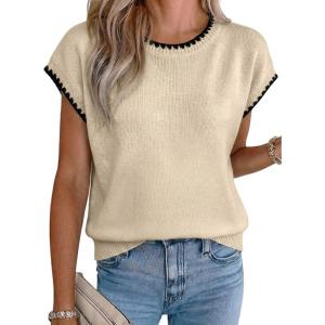 image:imageAcelitt Womens Contrast Ruffle Trim Knit Top Crew Neck Cap Sleeve Lightweight Sweater Vest Casual Loose Fit Pullover BlouseBeige