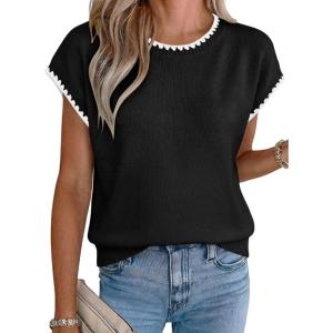 image:imageAcelitt Womens Contrast Ruffle Trim Knit Top Crew Neck Cap Sleeve Lightweight Sweater Vest Casual Loose Fit Pullover BlouseBlack