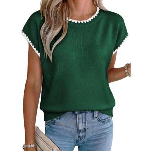 image:imageAcelitt Womens Contrast Ruffle Trim Knit Top Crew Neck Cap Sleeve Lightweight Sweater Vest Casual Loose Fit Pullover BlouseBlackish Green