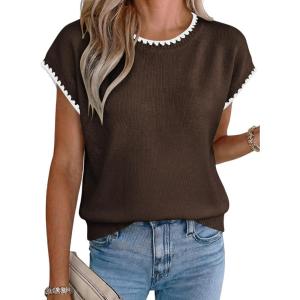 image:imageAcelitt Womens Contrast Ruffle Trim Knit Top Crew Neck Cap Sleeve Lightweight Sweater Vest Casual Loose Fit Pullover BlouseChicory Coffee